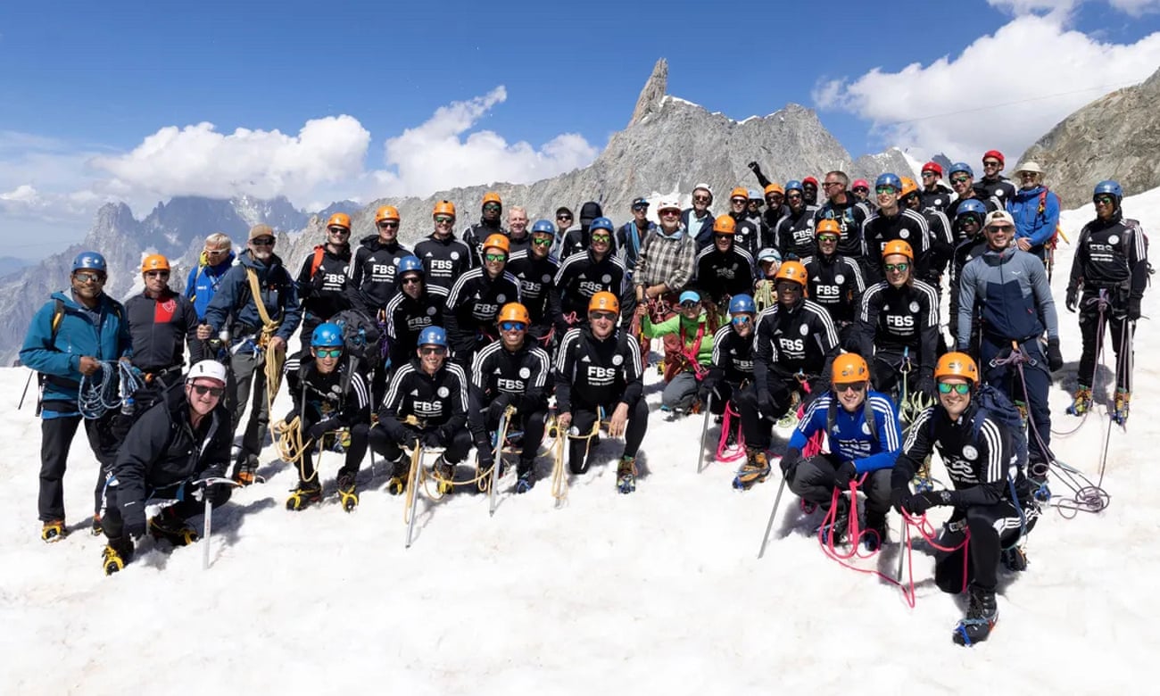 Leicester City manager Brendan Rodgers, second left with his players on Mont Blanc.