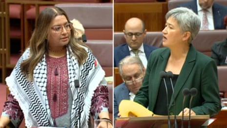 Penny Wong and Mehreen Faruqi clash over UNRWA funding – video