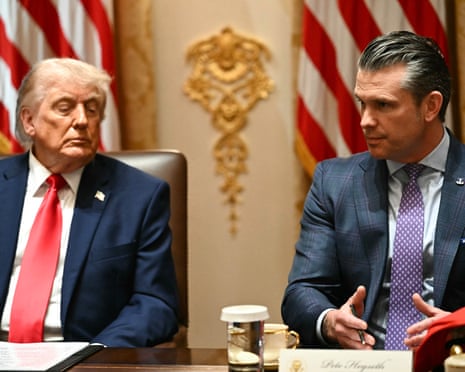 Donald Trump listens as his defense secretary Pete Hegseth gives an update on the US blockade of Iranian ports.