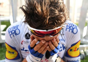 Deceuninck-Quick Step rider Julian Alaphilippe reacts after winning Stage 2 from Nice Haut Pays to Nice.