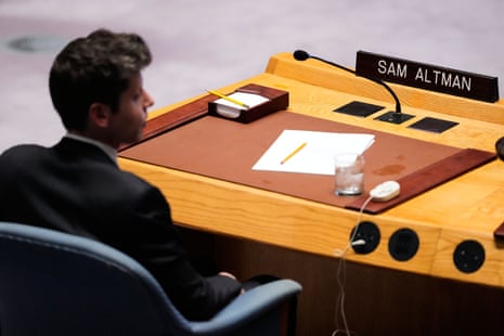 Sam Altman pictured seated at a desk with his name card at the UN general assembly