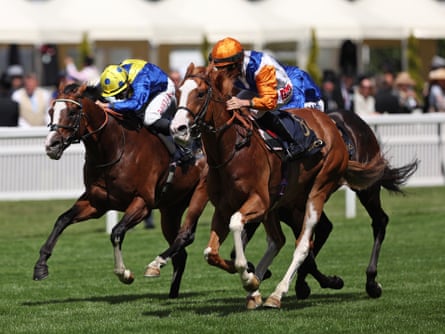 Kieren Shoemark (orange cap) riding Ten Bob Tony to victory in the Queen Anne Stakes at Royal Ascot.