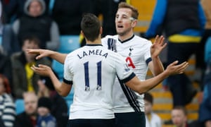 Kane celebrates scoring his goal with Lamela.