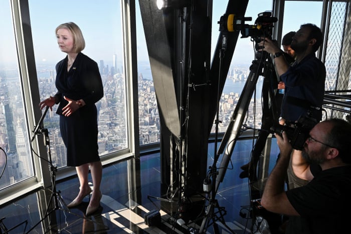 Liz Truss gives an interview in the Empire State Building in New York today.