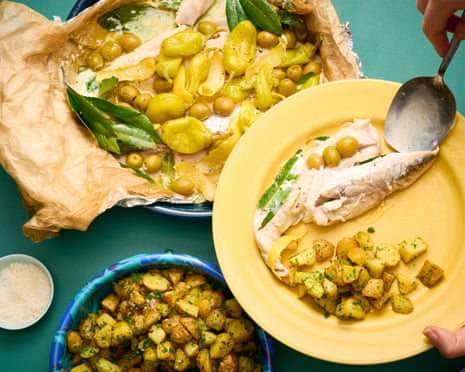 Alice Zaslavsky's baked fish parcels with pickled peppers and olives, served with herby potatoes.