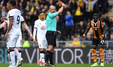 Hull City’s Oumar Niasse is shown a red card during the Premier League game against Watford.