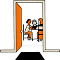 open front door showing view of interracial sit-down dinner