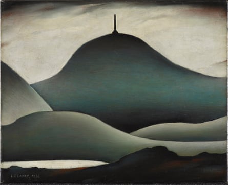 Lowry's painting shows stylised dark hills with a thin spire atop the tallest, under a pale sky
