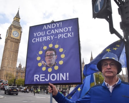 A man holds up a sign reading: 'Andy! You cannot cherry-pick! Rejoin!' in front of Big Ben