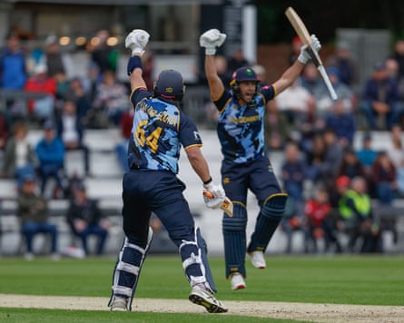 Timm van der Gugten and Chris Cook celebrate their Glamorgan team’s win against Lancashire in the T20 Blast at Blackpool