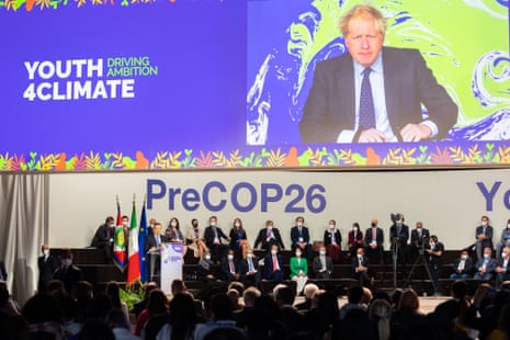 Boris Johnson addressing the Youth4Climate pre-Cop26 event taking place in Milan by video today.