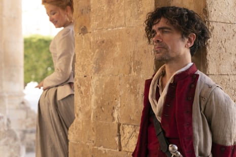Haley Bennett as Roxanne and Peter Dinklage as Cyrano.