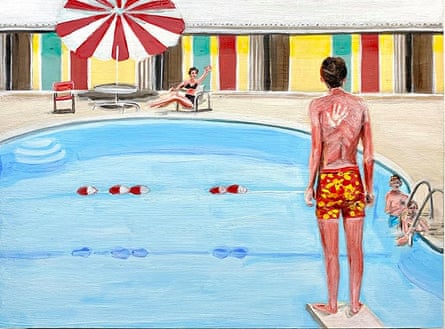 painting of men at a swimming pool