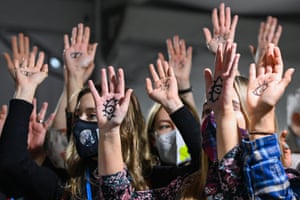 Youth climate activists protest against fossil fuels outside the plenary rooms at Cop26 as high-level negotiations continue among world governments