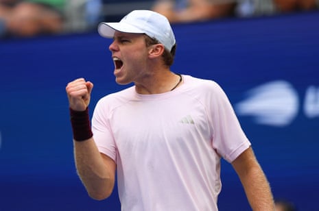Alex Michelsen celebrates after winning the second set.