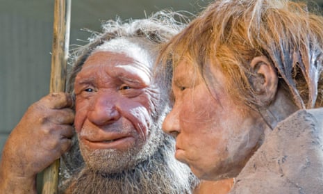 Reconstructions of a Neanderthal man, left, and woman at the Neanderthal museum in Mettmann, Germany. 