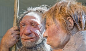 Reconstructions of a Neanderthal man and woman at the Neanderthal museum in Mettmann, Germany. 