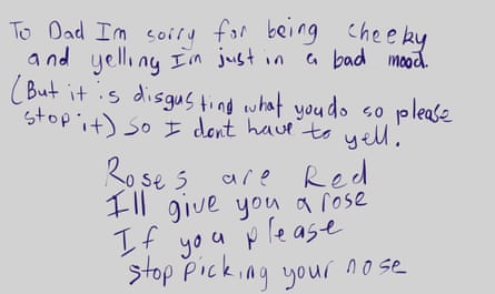 The handwritten note Bec Shaw penned to her father when she was a child