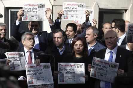 Cumhuriyet journalists demonstrate after their colleagues were detained following last year’s coup attempt.