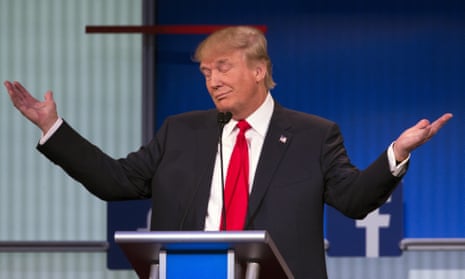 Donald Trump with his arms outstretched during the 2105 Republican primary debate