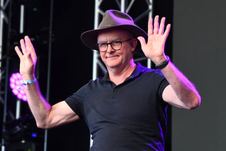 The prime minister, Anthony Albanese, waves after giving a speech during the Woodford folk festival in Queensland.