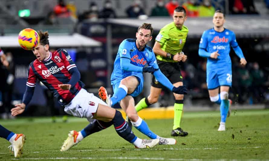 Napoli’s Fabián Ruiz unleashes a shot against Bologna last month