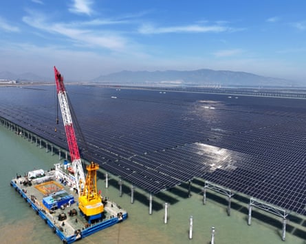 Solar panels are installed at the CNNC Tianwan tidal flat photovoltaic power plant in Lianyungang, China, in April