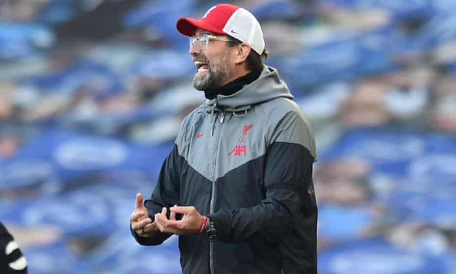 Jürgen Klopp during Liverpool’s 1-1 draw at Brighton; he believes English talent is thriving because players are trainng alongside some of the best youngsters in Europe.