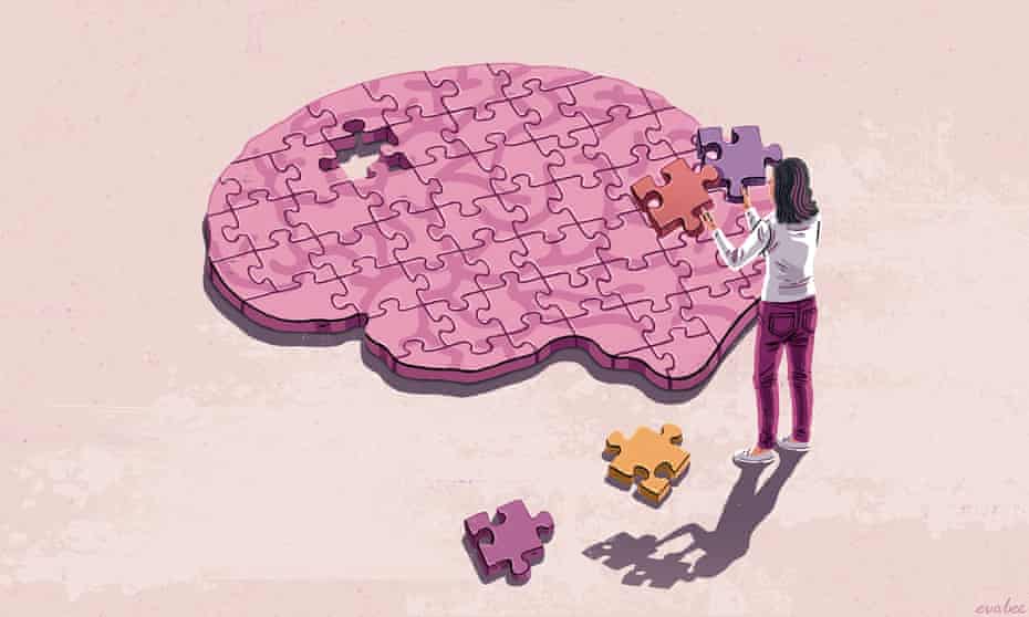 An illustration of a brain as a jigsaw puzzle with a woman standing over it and holding two pieces