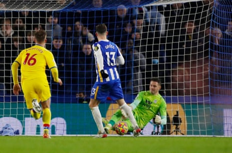 Pascal Gross with a terrible penalty, easily saved by Jack Butland.