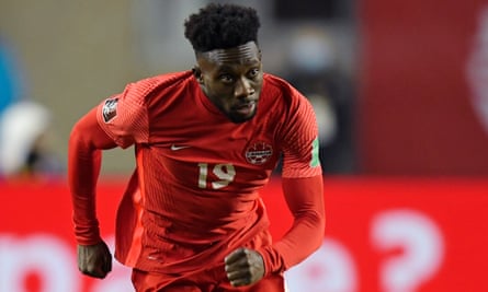 Alphonso Davies playing for Canada in a World Cup qualifier against Costa Rica