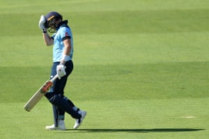 England’s Sam Billings reacts as he walks back to the pavilion after losing his wicket for 19.