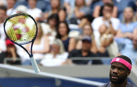 Frances Tiafoe tosses his racquet in the fifth set against Alex Michelsen.