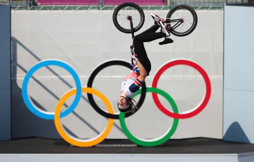 Charlotte Worthington practises a trick before the Women’s Park Final of the BMX Freestyle in Tokyo.