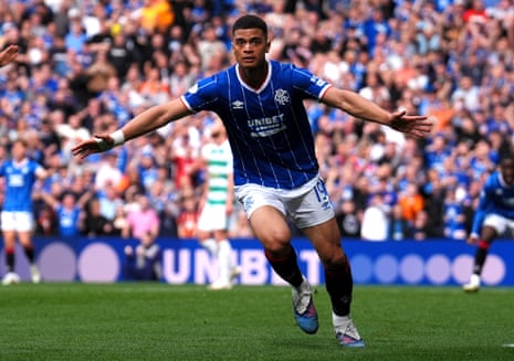 Rangers' Kevin Kelsy celebrates scoring their side's second goal.
