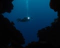 Silhouette of scuba diver in an underwater cave