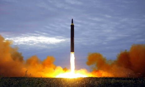 North Korea’s intermediate-range strategic ballistic rocket Hwasong-12 lifting off near Pyongyang.