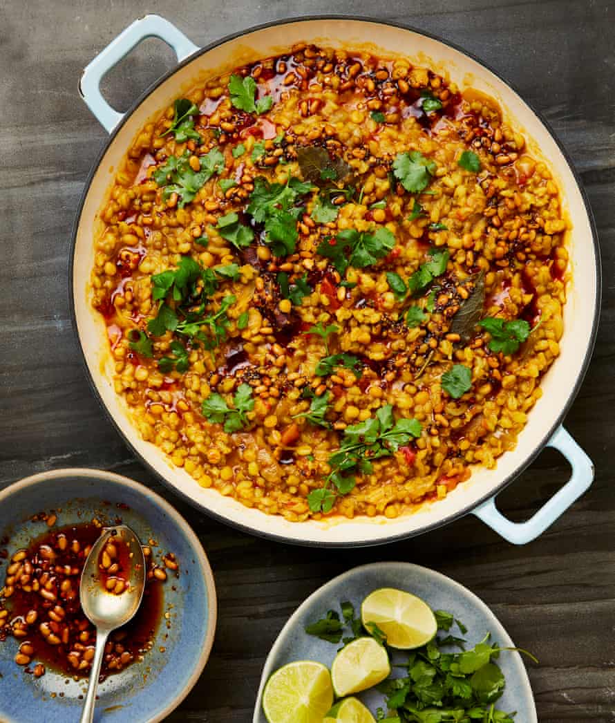 Yotam Ottolenghi's mung bean and barley khichree with spicy pine nut ghee and lime.