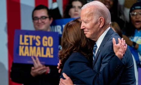 Joe Biden and the vice-president, Kamala Harris, hug at a Democratic post-election event in Washington on Thursday.
