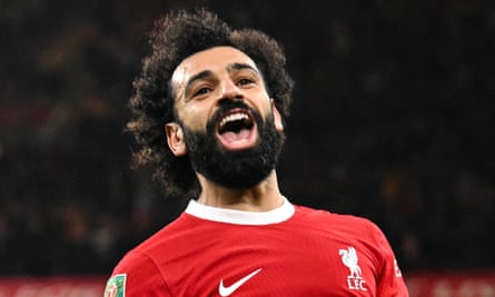 Mohamed Salah celebrates after scoring against West Ham on 20 December 2023.