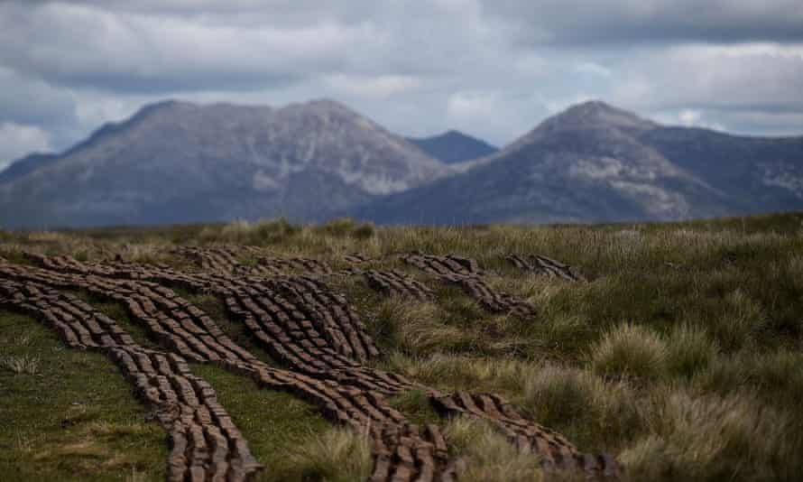 Stacked turf in a peat bog in Derrygimlagh, County Galway