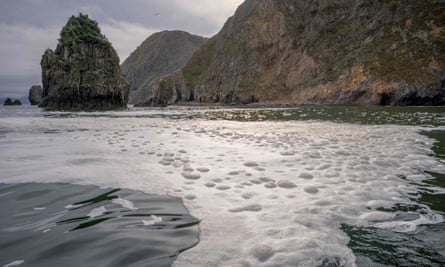 Foam in the sea off the Khalaktyr beach on the Kamchatka peninsula.
