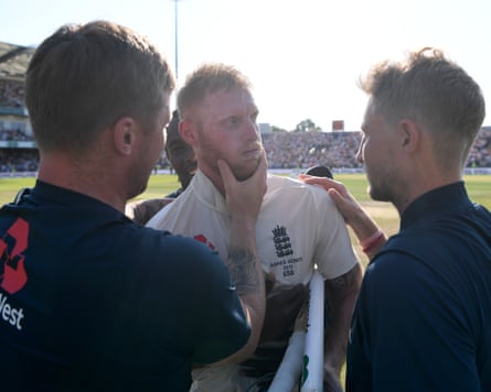 The England cricketers Jason Roy, Ben Stokes, Jofra Archer and Joe Root celebrate their win against Australia in the third Test of the 2019 Ashes.