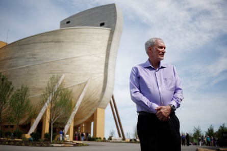 Ken Ham stands for a portrait next to a life-size replica of Noah’s Ark at The Ark Encounter in Williamstown, Kentucky