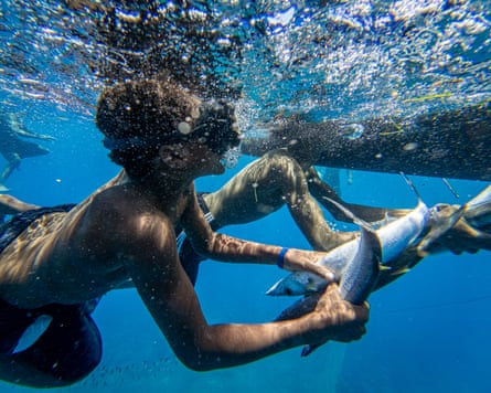 Two boys in goggles holding half-metre-long fish swim up to a dugout canoe