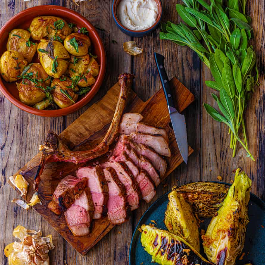 Tomahawk pork, roast garlic puree, hispi cabbage with dried shrimp butter, crushed new potatoes with sage and crispy onions.