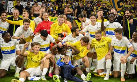 Union Saint-Gilloise celebrate beating Lugano in Geneva on 31 August, to qualify for this season’s Europa League group stage