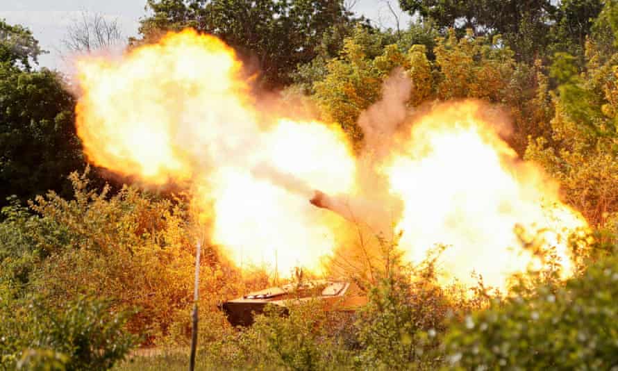 A howitzer of pro-Russian troops fires in the direction of Sievierodonetsk, Ukraine.