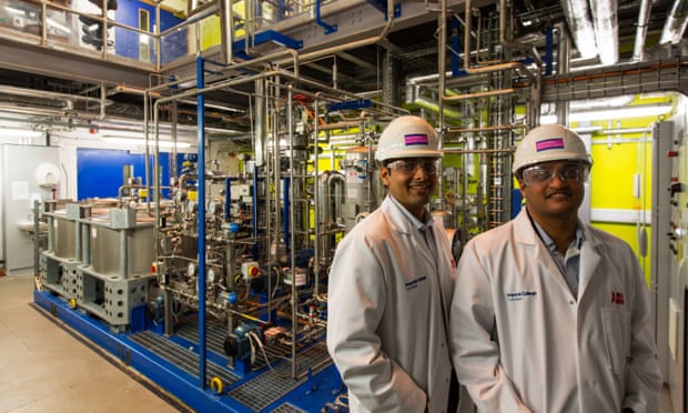 Aniruddha Sharma, left, chief executive of Carbon Clean Solutions and Prateek Bumb, chief technology officer, at the CO2 capture plant in Imperial College, London. 