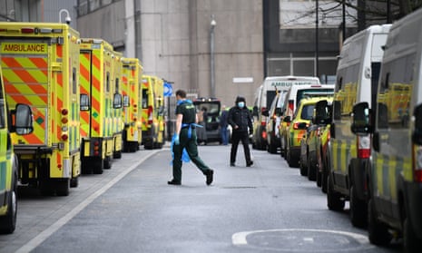 Ambulances queueing at a London hospital